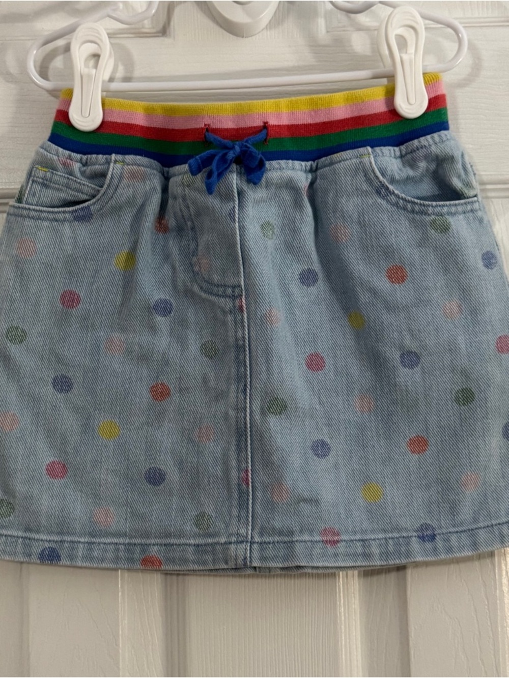 Mini Boden Girl Light Wash Denim Skirt with Rainbow Waistband and Polka Dots